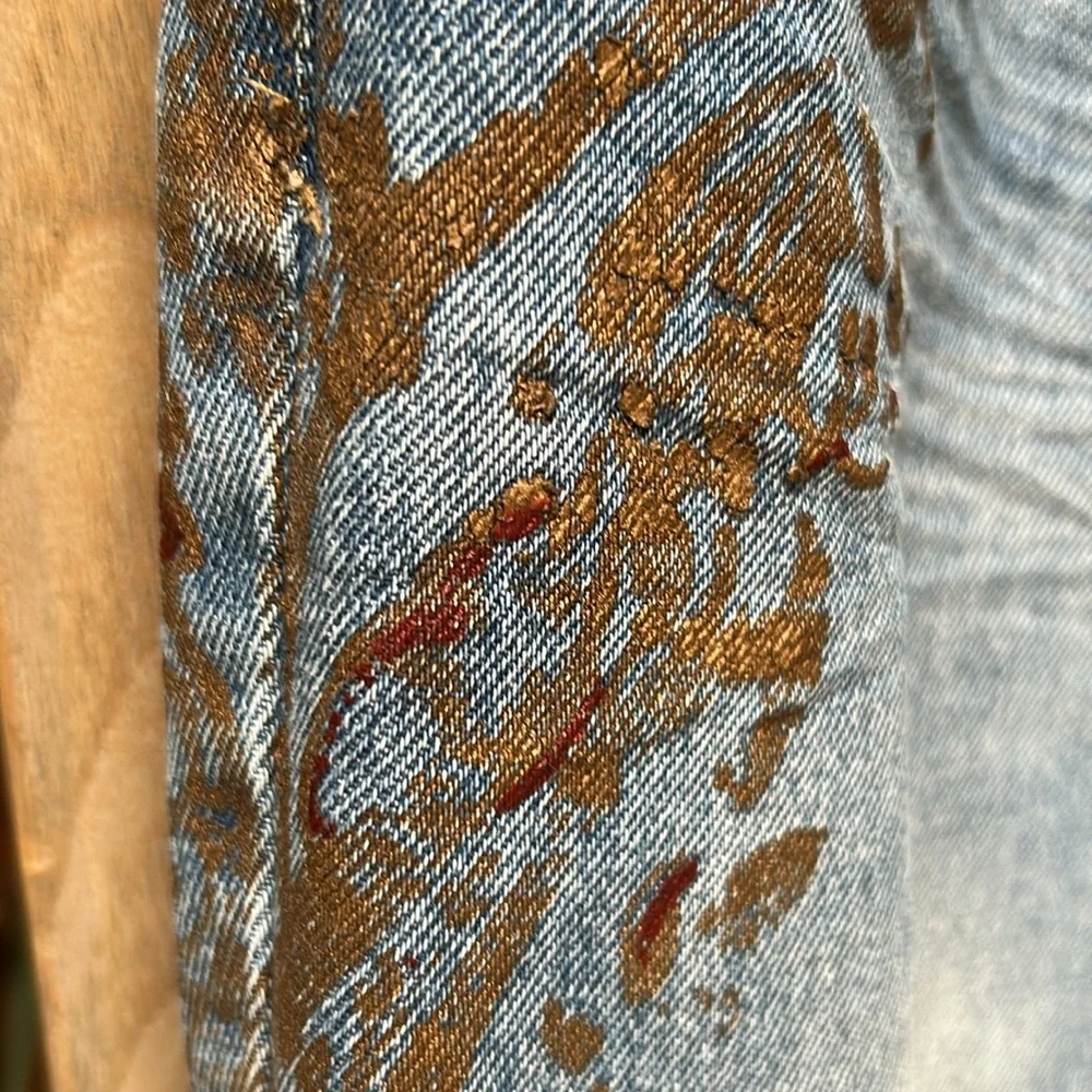 Free People Distressed Gold Paint Stencil Denim Jeans